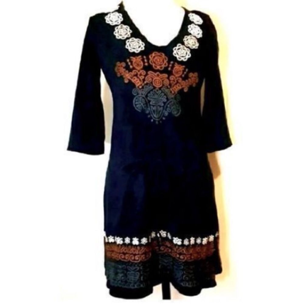 Johnny Was Black Embroidered Mini Dress with Multicolor Floral Accents